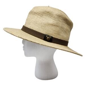 Disney Woven Fedora Panama Hat Adult Size Micky Mouse Metal Logo Brown Belt Trim